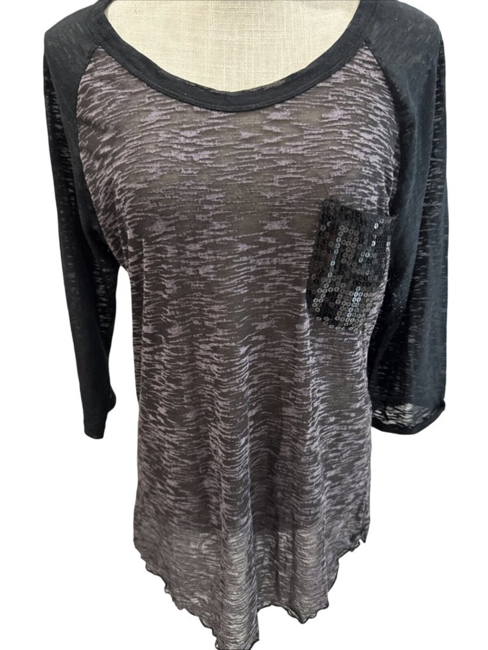 Seven Womens Sheer Black & Gray 3/4 Sleeve Top W/Sequin Pocket L